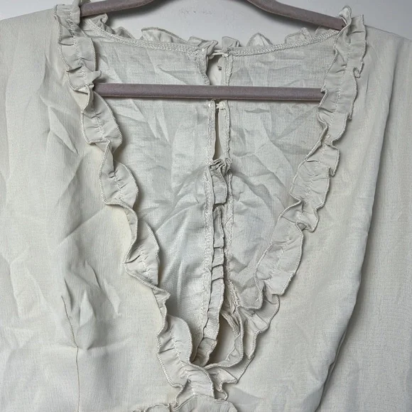 Beige Deep V Neck Ruffle Long Sleeve Floral Print Mini Dress Size XL - Picture 9 of 13